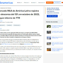 Mercado M&A de Amrica Latina registra un descenso del 13% en octubre de 2022, segn informe de TTR